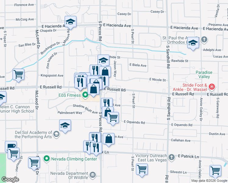 map of restaurants, bars, coffee shops, grocery stores, and more near 3425 East Russell Road in Las Vegas