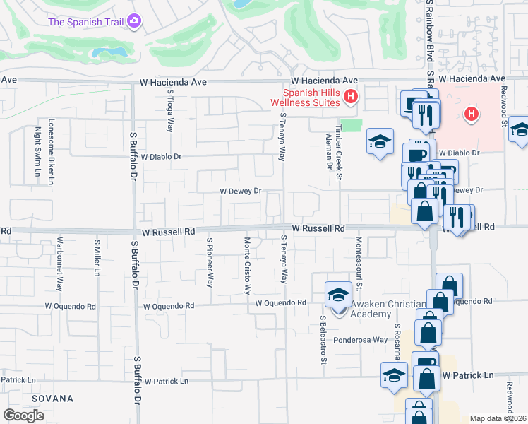 map of restaurants, bars, coffee shops, grocery stores, and more near 7316 West Russell Road in Las Vegas