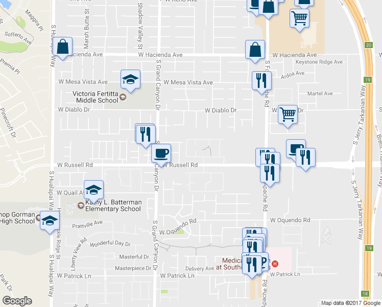 map of restaurants, bars, coffee shops, grocery stores, and more near 9620 West Russell Road in Las Vegas
