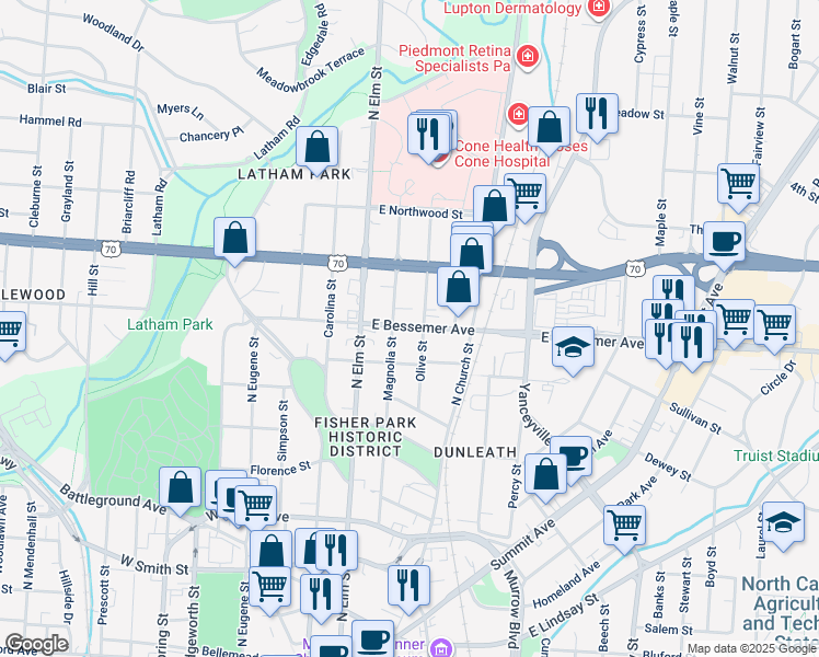 map of restaurants, bars, coffee shops, grocery stores, and more near 1005 Magnolia Street in Greensboro