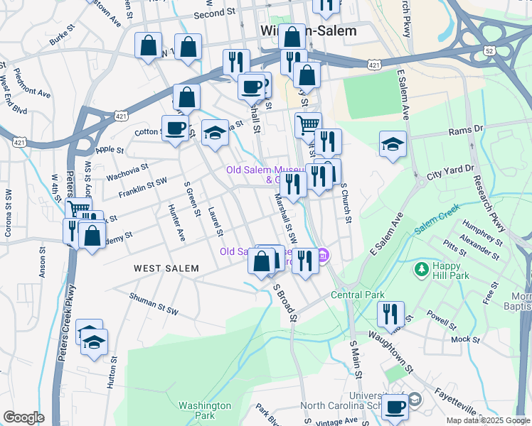 map of restaurants, bars, coffee shops, grocery stores, and more near 412 West Street in Winston-Salem