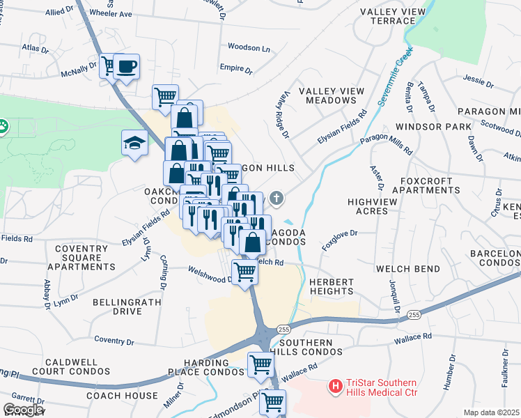 map of restaurants, bars, coffee shops, grocery stores, and more near 536 Paragon Mills Road in Nashville