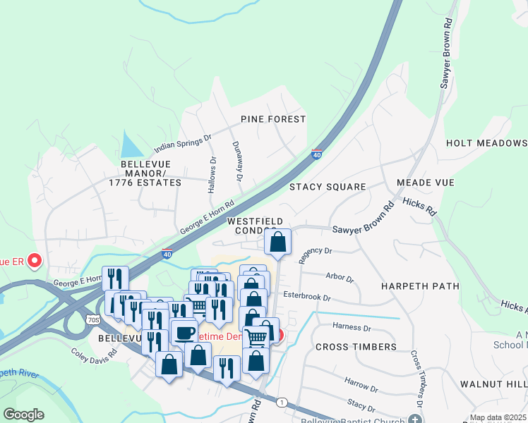 map of restaurants, bars, coffee shops, grocery stores, and more near 131 Westfield Drive in Nashville