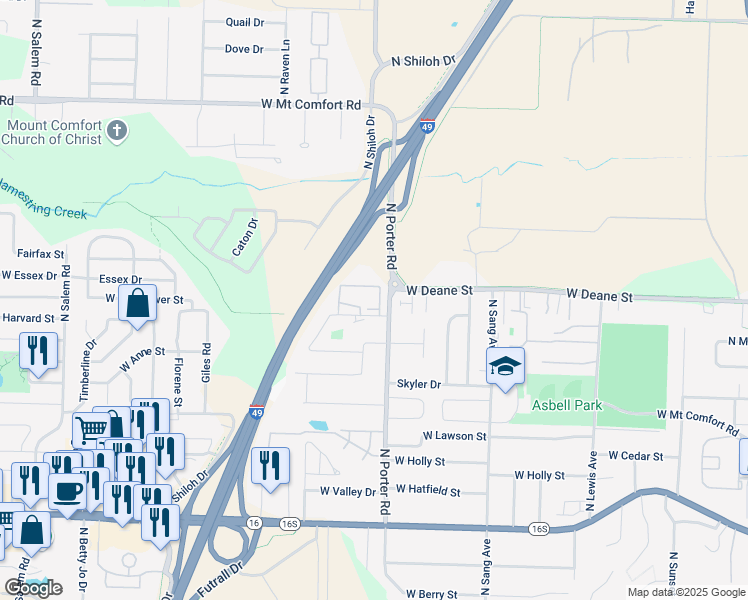 map of restaurants, bars, coffee shops, grocery stores, and more near 2492 West Sycamore Street in Fayetteville