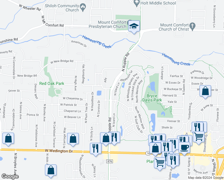 map of restaurants, bars, coffee shops, grocery stores, and more near 1678 North Izard Lane in Fayetteville