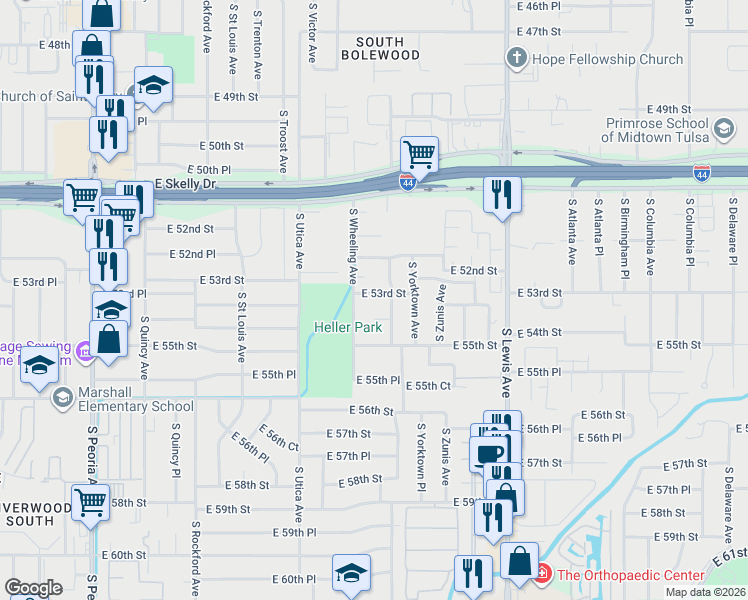 map of restaurants, bars, coffee shops, grocery stores, and more near 1919 East 54th Street in Tulsa