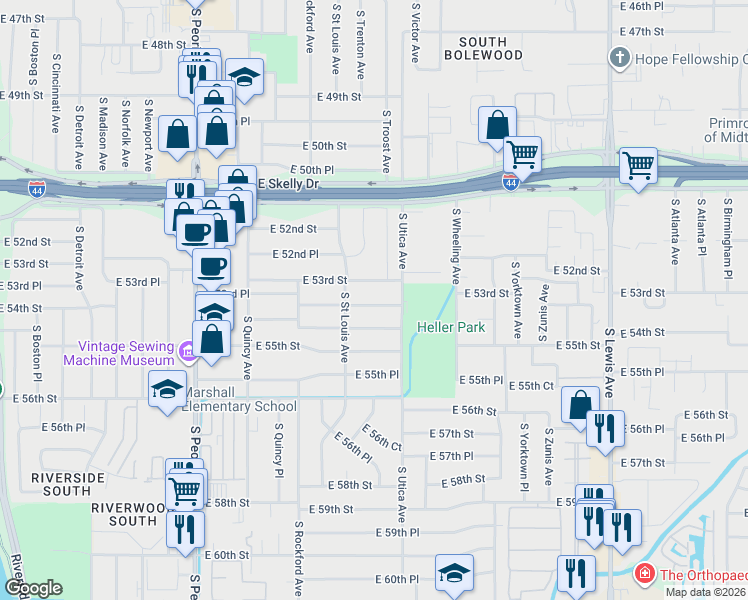 map of restaurants, bars, coffee shops, grocery stores, and more near 1618 East 54th Street in Tulsa