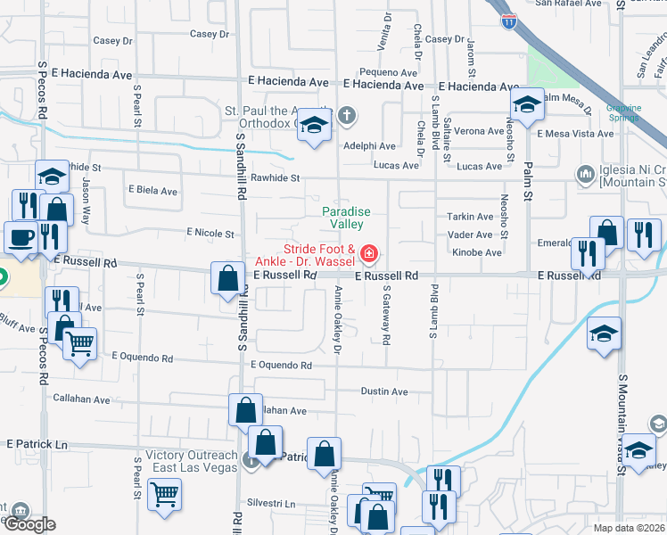 map of restaurants, bars, coffee shops, grocery stores, and more near 5685 Annie Oakley Drive in Las Vegas