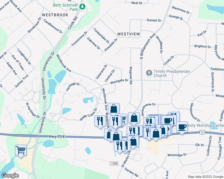 map of restaurants, bars, coffee shops, grocery stores, and more near 814 Westwood Drive in Elon