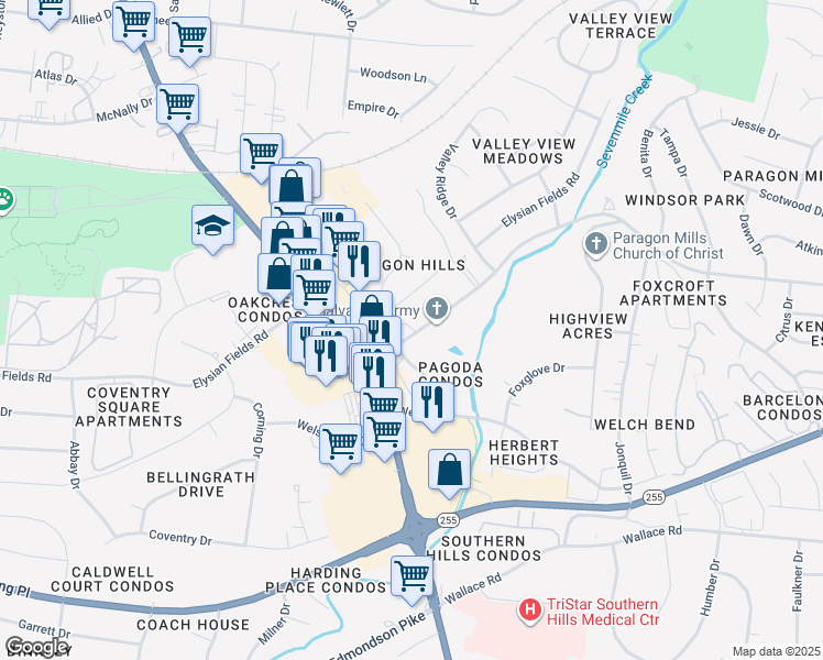 map of restaurants, bars, coffee shops, grocery stores, and more near 536 Paragon Mills Road in Nashville