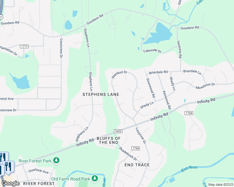 map of restaurants, bars, coffee shops, grocery stores, and more near 1 Bluffside Court in Durham