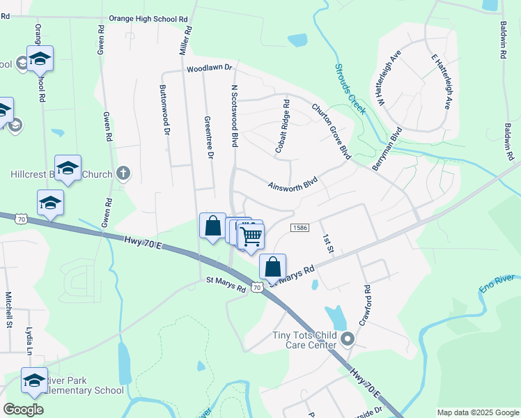 map of restaurants, bars, coffee shops, grocery stores, and more near 608 Bartlett Circle in Hillsborough