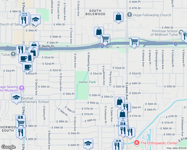 map of restaurants, bars, coffee shops, grocery stores, and more near 1919 East 54th Street in Tulsa