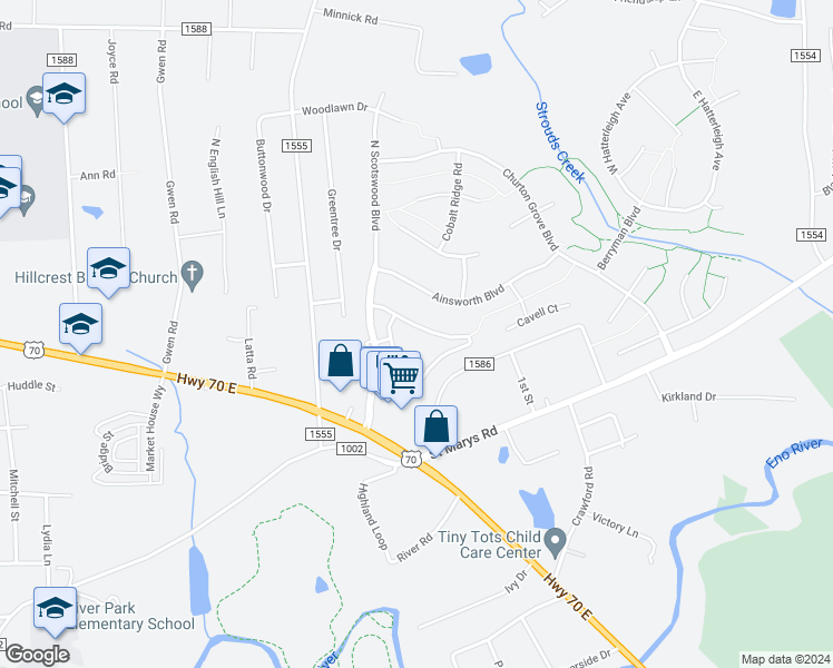 map of restaurants, bars, coffee shops, grocery stores, and more near 608 Bartlett Circle in Hillsborough