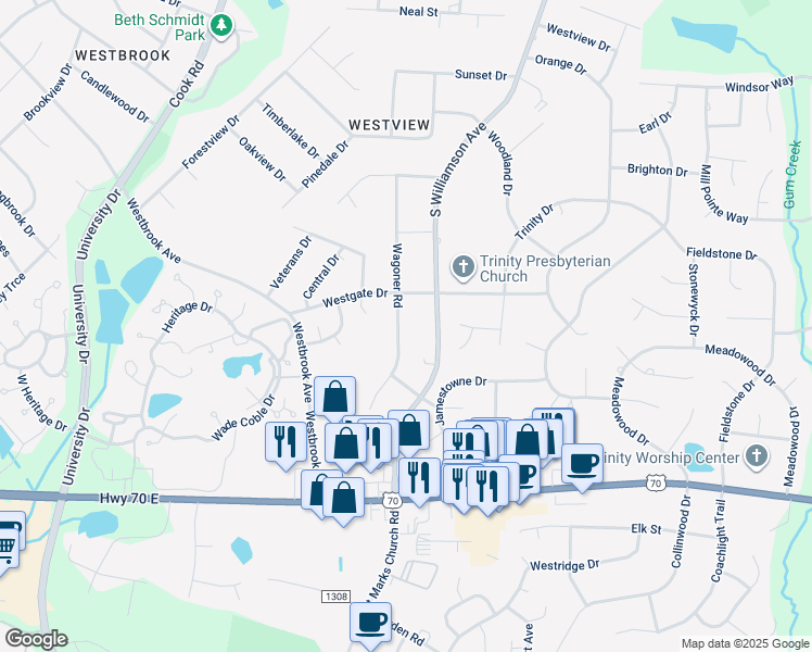 map of restaurants, bars, coffee shops, grocery stores, and more near 807 Wagoner Road in Elon