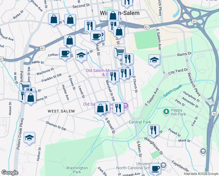 map of restaurants, bars, coffee shops, grocery stores, and more near 703 South Marshall Street in Winston-Salem