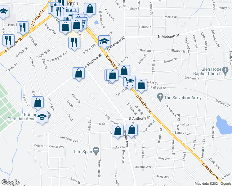 map of restaurants, bars, coffee shops, grocery stores, and more near 747 East Davis Street in Burlington