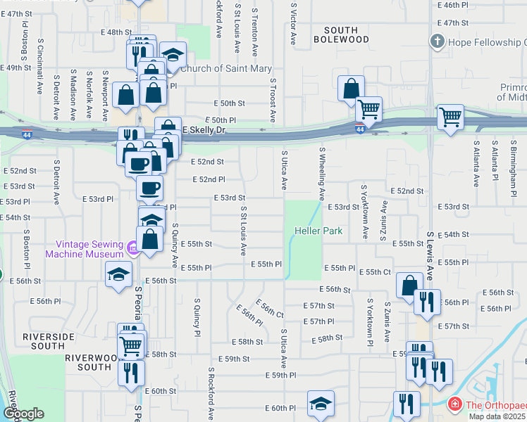 map of restaurants, bars, coffee shops, grocery stores, and more near 1618 East 54th Street in Tulsa