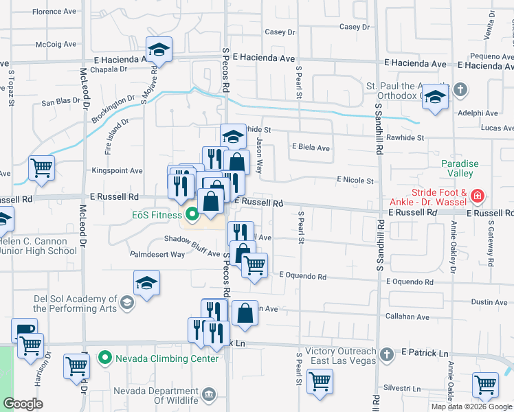 map of restaurants, bars, coffee shops, grocery stores, and more near 3425 East Russell Road in Las Vegas