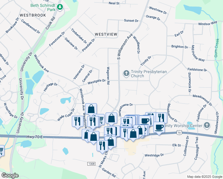 map of restaurants, bars, coffee shops, grocery stores, and more near 807 Wagoner Road in Elon