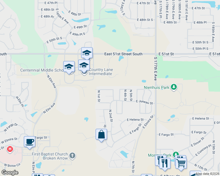 map of restaurants, bars, coffee shops, grocery stores, and more near 3321 North 2nd Street in Broken Arrow