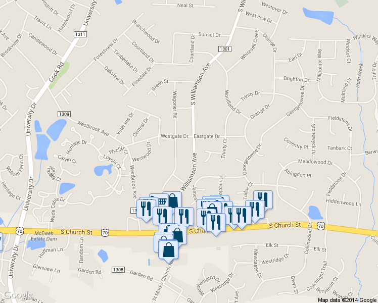 map of restaurants, bars, coffee shops, grocery stores, and more near 808 South Williamson Avenue in Elon