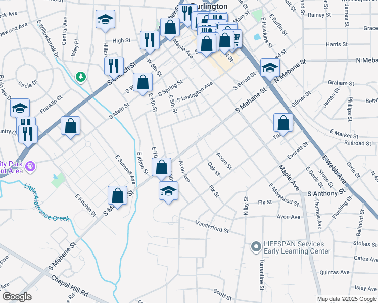 map of restaurants, bars, coffee shops, grocery stores, and more near 708 Clay Court in Burlington