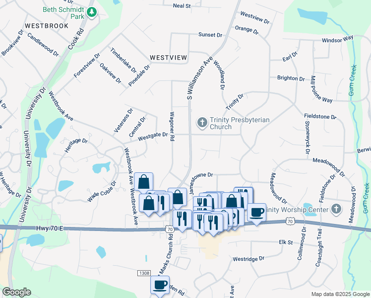map of restaurants, bars, coffee shops, grocery stores, and more near 808 South Williamson Avenue in Elon