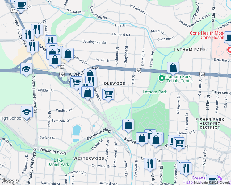 map of restaurants, bars, coffee shops, grocery stores, and more near 806 Idlewood Drive in Greensboro
