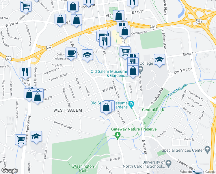 map of restaurants, bars, coffee shops, grocery stores, and more near 639 Poplar Street Southwest in Winston-Salem