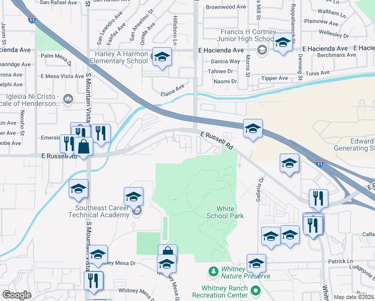 map of restaurants, bars, coffee shops, grocery stores, and more near 4915 East Russell Road in Las Vegas