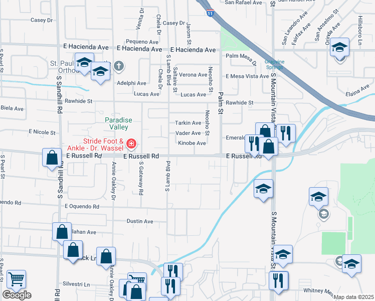 map of restaurants, bars, coffee shops, grocery stores, and more near 4272 East Russell Road in Las Vegas