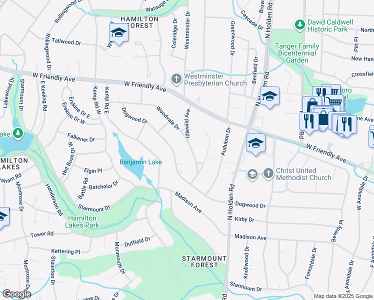 map of restaurants, bars, coffee shops, grocery stores, and more near 515 Woodvale Drive in Greensboro