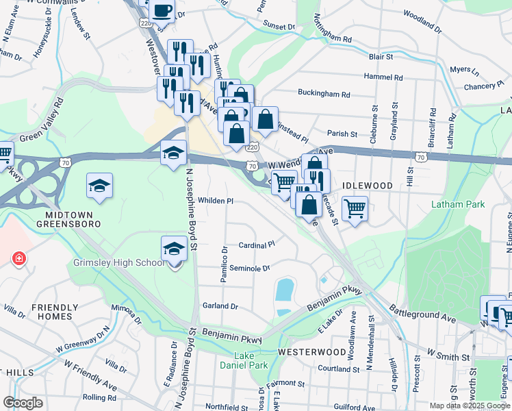 map of restaurants, bars, coffee shops, grocery stores, and more near 1410 Whilden Place in Greensboro