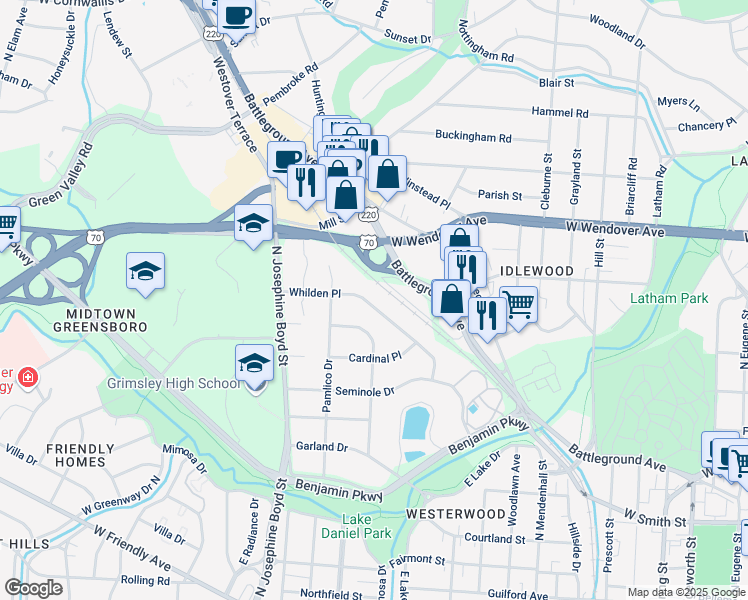 map of restaurants, bars, coffee shops, grocery stores, and more near 1410 Whilden Place in Greensboro