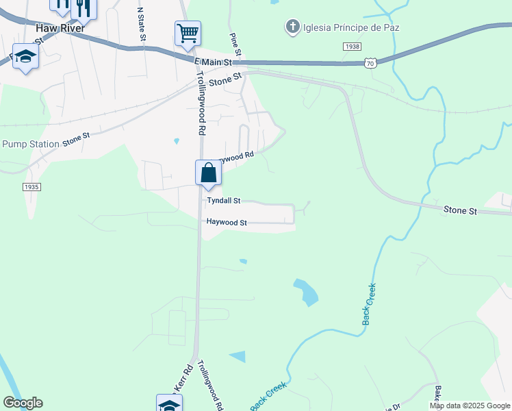 map of restaurants, bars, coffee shops, grocery stores, and more near 1409 Tyndall Street in Haw River