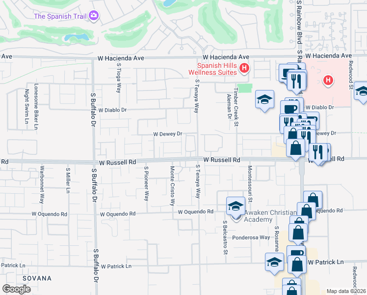 map of restaurants, bars, coffee shops, grocery stores, and more near 7316 West Russell Road in Las Vegas