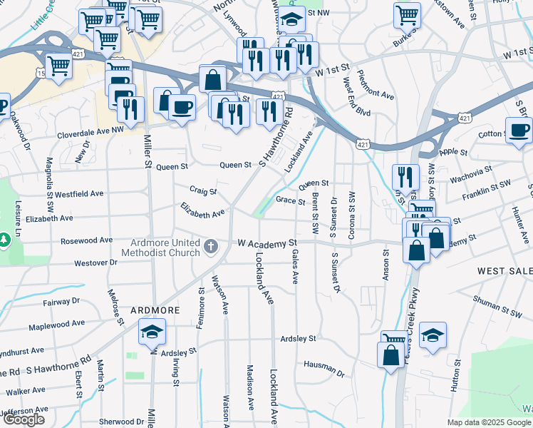 map of restaurants, bars, coffee shops, grocery stores, and more near 1838 Elizabeth Avenue in Winston-Salem