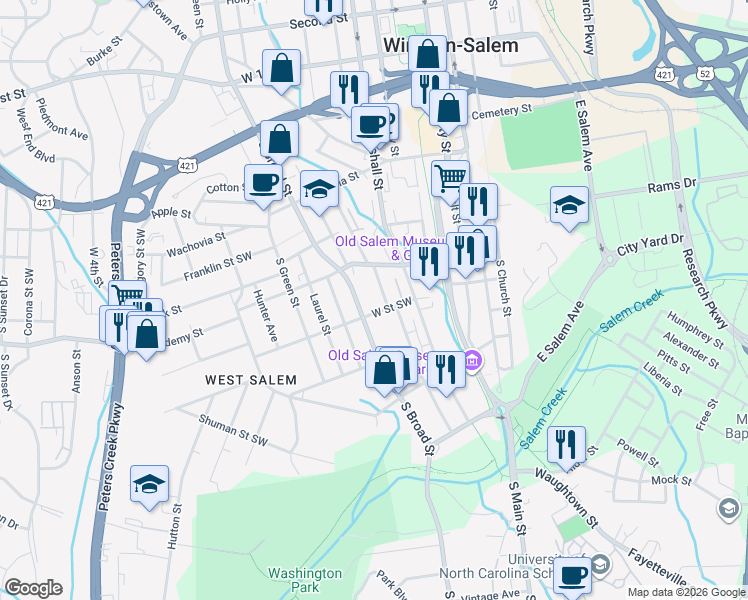 map of restaurants, bars, coffee shops, grocery stores, and more near 521 West Street Southwest in Winston-Salem