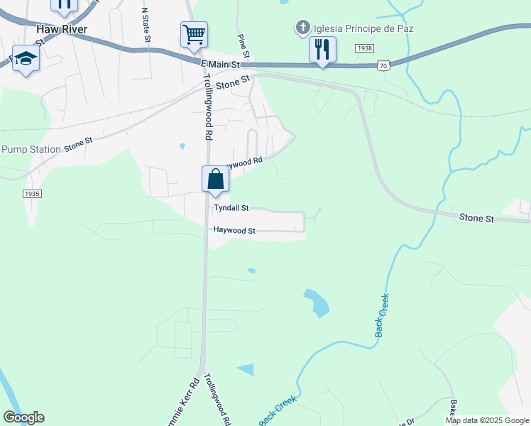map of restaurants, bars, coffee shops, grocery stores, and more near 1409 Tyndall Street in Haw River