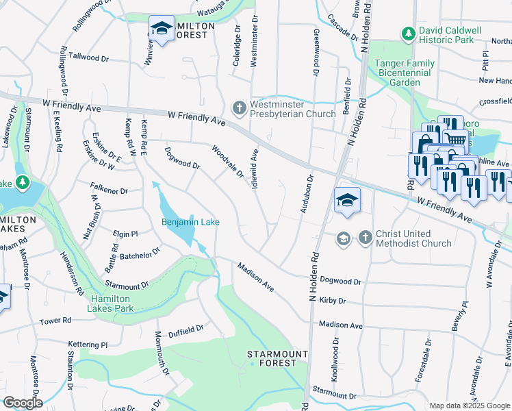 map of restaurants, bars, coffee shops, grocery stores, and more near 515 Woodvale Drive in Greensboro