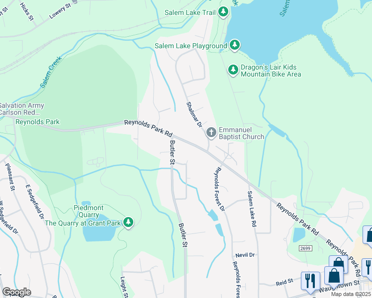 map of restaurants, bars, coffee shops, grocery stores, and more near 2712 Reynolds Park Road in Winston-Salem