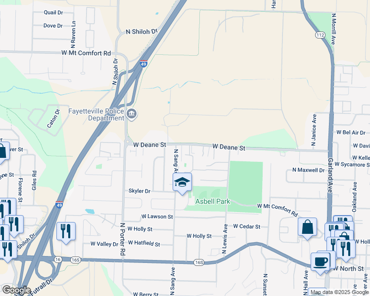 map of restaurants, bars, coffee shops, grocery stores, and more near 1975 West Deane Street in Fayetteville