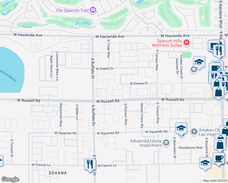 map of restaurants, bars, coffee shops, grocery stores, and more near 7669 Loftwood Avenue in Las Vegas