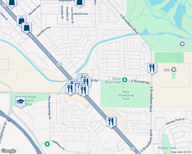 map of restaurants, bars, coffee shops, grocery stores, and more near 6650 East Russell Road in Las Vegas