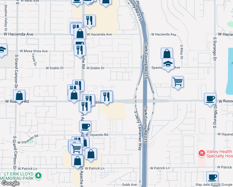 map of restaurants, bars, coffee shops, grocery stores, and more near 9206 West Russell Road in Las Vegas