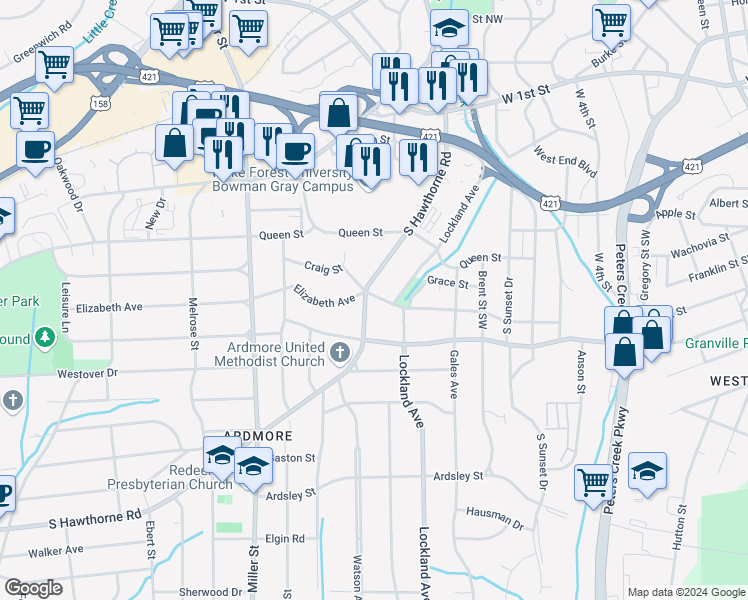 map of restaurants, bars, coffee shops, grocery stores, and more near 1910 Elizabeth Avenue in Winston-Salem
