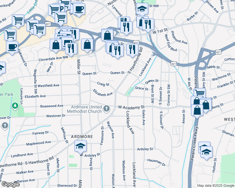 map of restaurants, bars, coffee shops, grocery stores, and more near 1910 Elizabeth Avenue in Winston-Salem