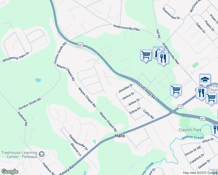 map of restaurants, bars, coffee shops, grocery stores, and more near 7509 Mistywood Road in Knoxville