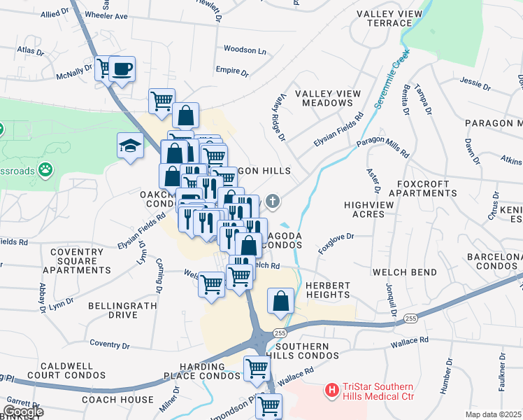 map of restaurants, bars, coffee shops, grocery stores, and more near 525 Paragon Mills Road in Nashville